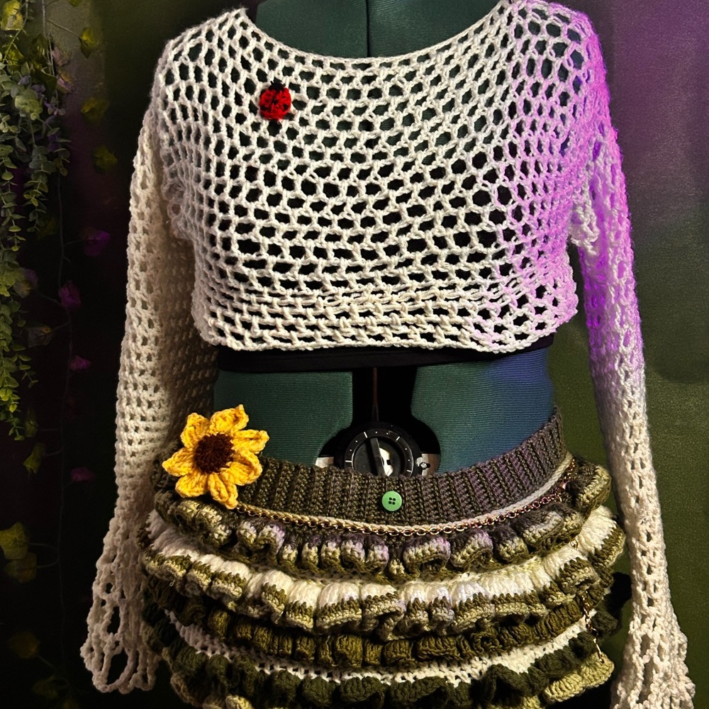 Crochet Cropped net sweater  and Skirt Set